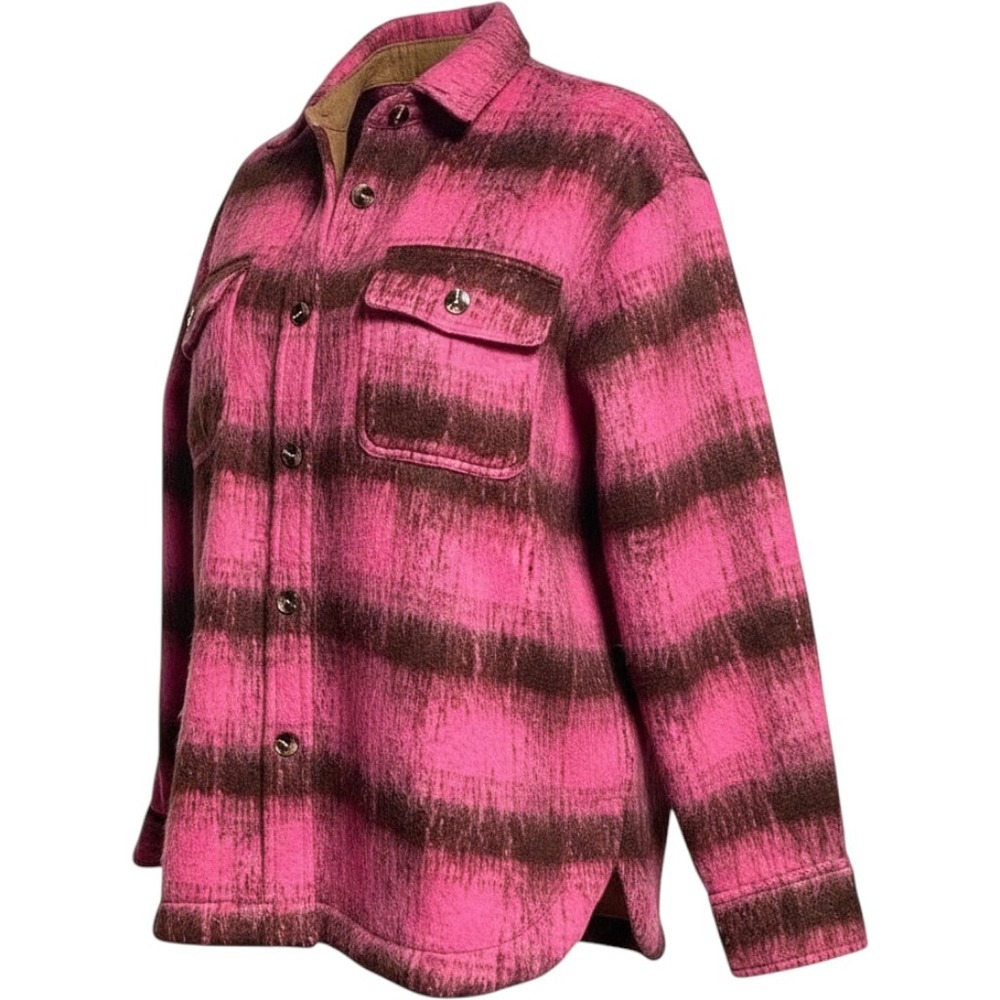 LA MIEL Pink Brown Plaid Brushed Shirt Jacket Women's Medium